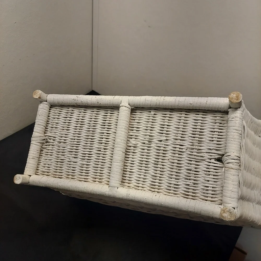 Vintage White Wicker Magazine Rack Basket with Handle Shabby Chic Decor